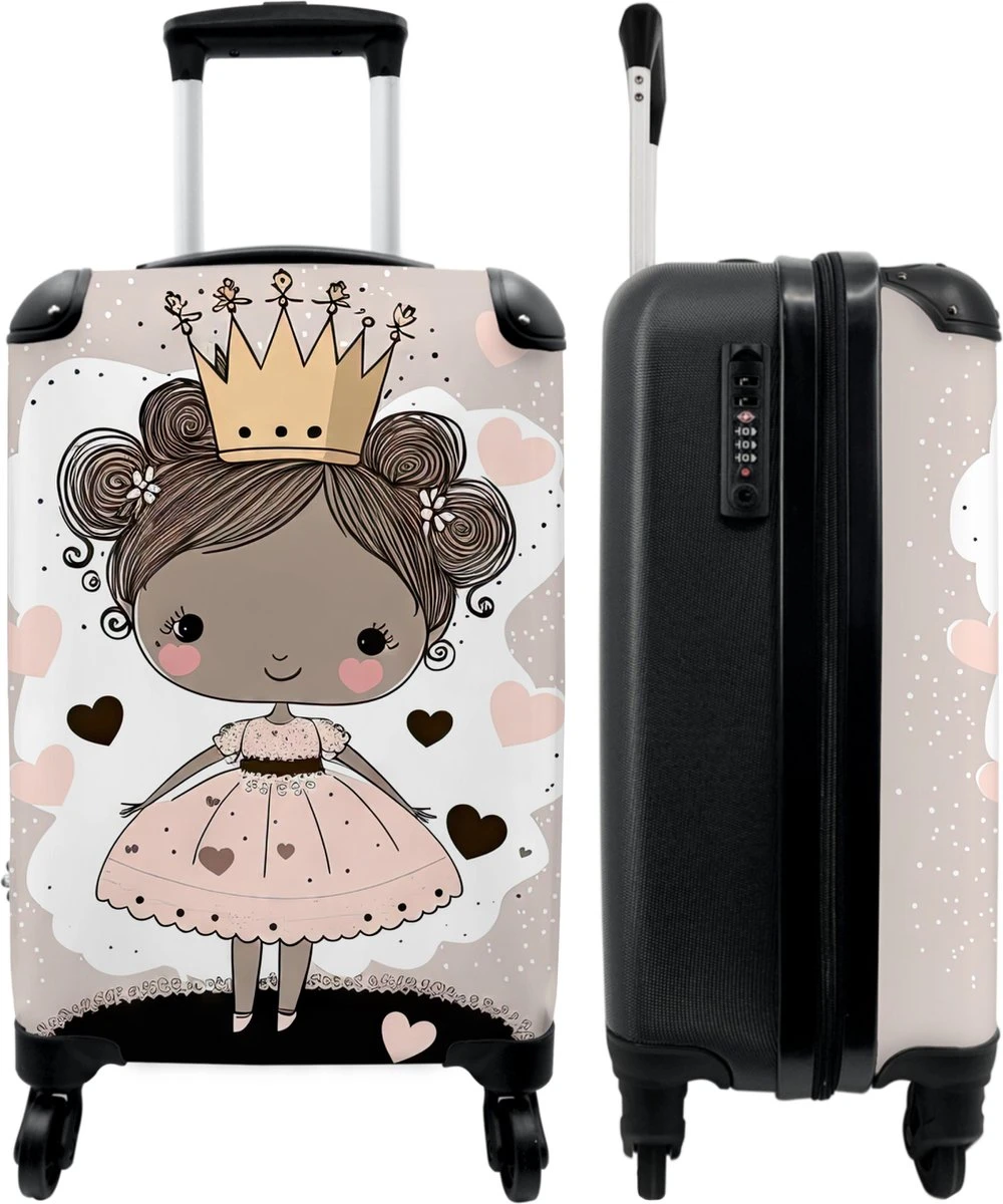 NoBoringSuitcases.com® Kinderkoffer - Trolley Op Wieltjes - Prinses - Hartjes - Kroon - Roze - Meisjes - Koffer Meisje - Past Binnen 55x40x20 Cm En 55x35x25 Cm - Reiskoffer - Fotokoffer