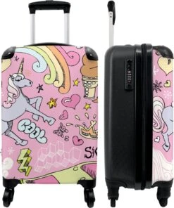 NoBoringSuitcases.com® Koffer - Roze - Eenhoorn - Skateboard - Tekening - Past Binnen 55x40x20 Cm En 55x35x25 Cm - Handbagage - Trolley - Fotokoffer - Cabin Size - Print