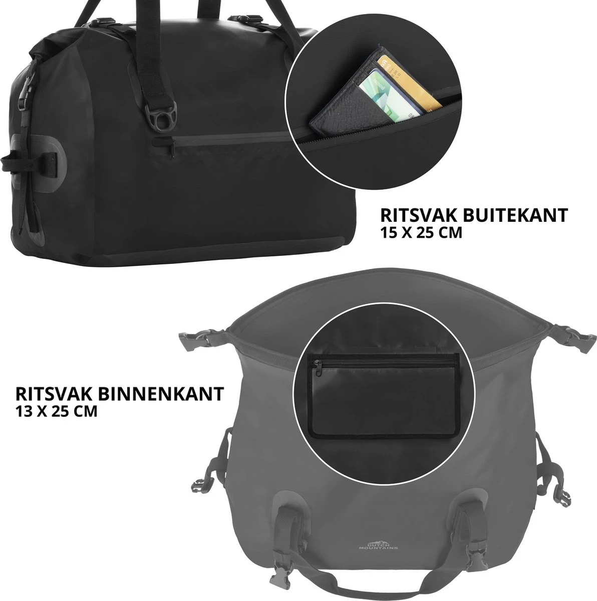 Dutch Mountains Reistas 40ltr – Waterdichte Duffelbag – Sporttas – Travelbag - Roll-top Sluiting – Zwart 10 Dutch Mountains Reistas 40ltr – Waterdichte Duffelbag – Sporttas – Travelbag - Roll-top Sluiting – Zwart - Afbeelding 8