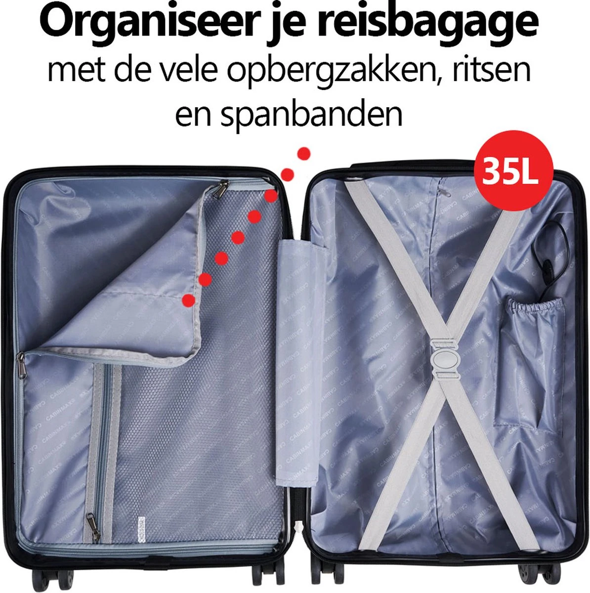 CabinMax Handbagage Koffer - Trolley 35L - Harde Reiskoffer - 55x35x20cm - Groot Capaciteit - Endless Sea 6 CabinMax Handbagage Koffer - Trolley 35L - Harde Reiskoffer - 55x35x20cm - Groot Capaciteit - Endless Sea - Afbeelding 4