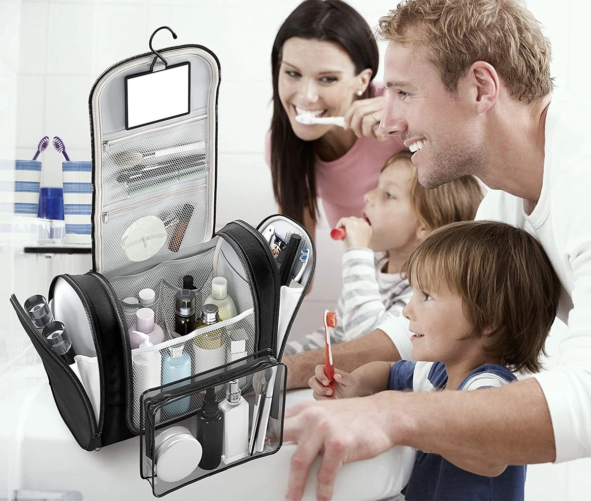 Grote Toilettas Met Spiegel, Haak + Binnenvakken + Zijvakken, Waterbestendig, Trip Vakantie Handbagage Mannen Vrouwen | Travel Organizer Kit 4 Grote Toilettas Met Spiegel, Haak + Binnenvakken + Zijvakken, Waterbestendig, Trip Vakantie Handbagage Mannen Vrouwen | Travel Organizer Kit - Afbeelding 2