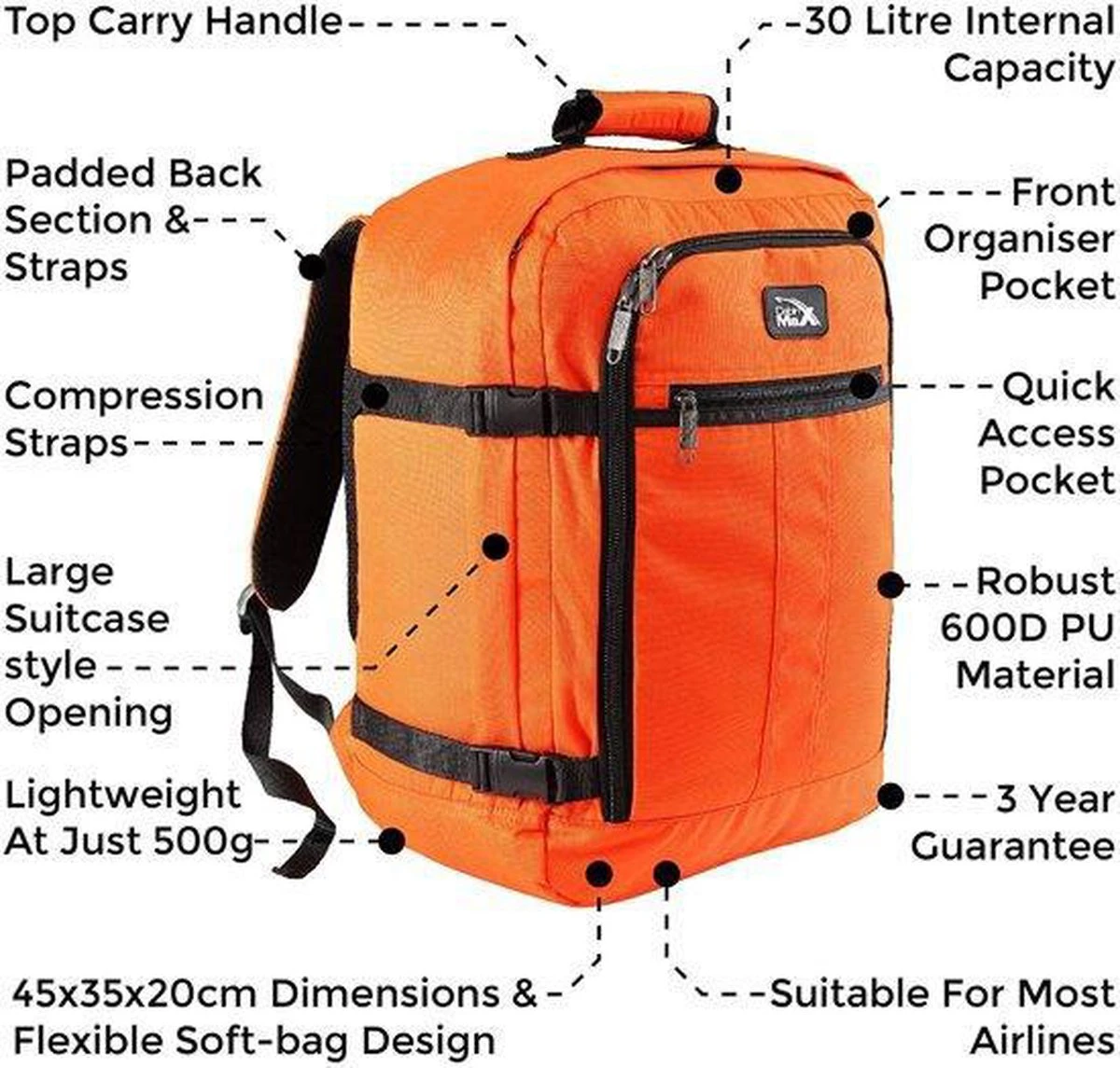 CabinMax Metz Reistas– Handbagage 30L - Rugzak – Backpack - 45x35x20cm – Lichtgewicht - Blauw (MZ 30-BE) 4 CabinMax Metz Reistas– Handbagage 30L - Rugzak – Backpack - 45x35x20cm – Lichtgewicht - Blauw (MZ 30-BE) - Afbeelding 2