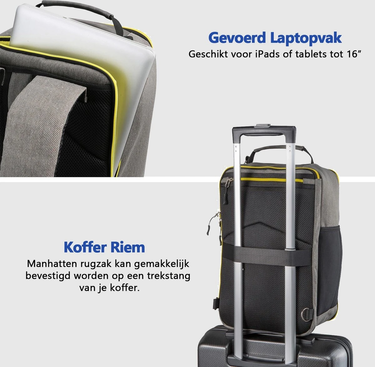 CabinMax Manhatten – Handbagage 20L – Rugzak – Schooltas - 40x20x25 Cm – Compact Reistas – Lichtgewicht – Grijs/Geel 10 CabinMax Manhatten – Handbagage 20L – Rugzak – Schooltas - 40x20x25 Cm – Compact Reistas – Lichtgewicht – Grijs/Geel - Afbeelding 8