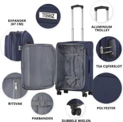 Travelz Softspinner TSA Reiskoffer 77cm - Zachte Reiskoffer Met Expander 104 + 16 Ltr - Blauw -Bagage Kortingen Winkel 1200x1194 7