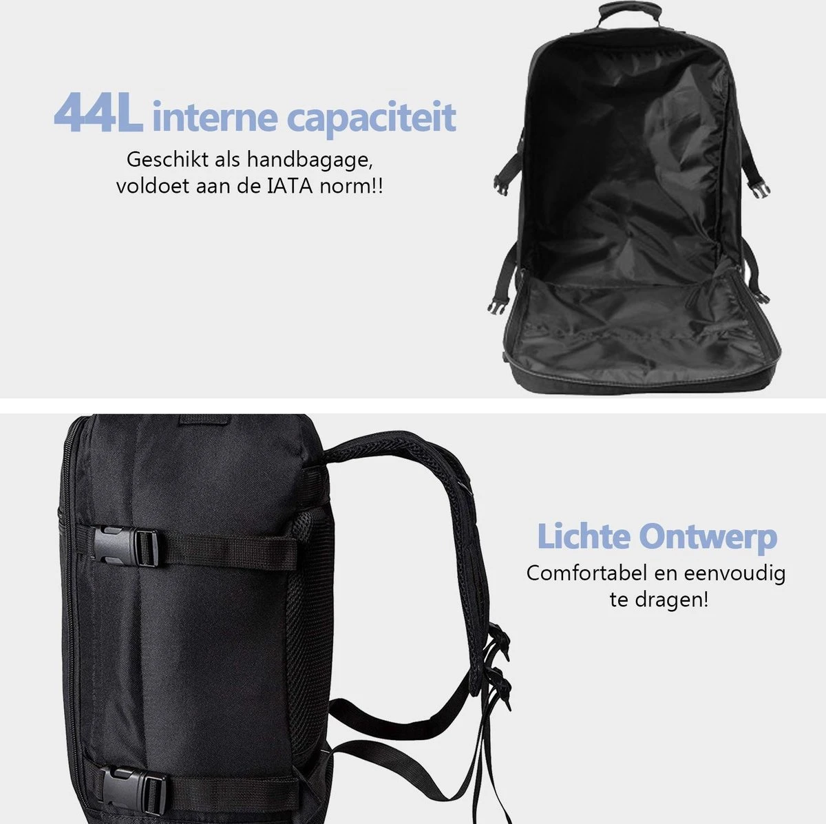 CabinMax Metz Reistas– Handbagage 44L- Rugzak – Schooltas - Backpack 55x40x20cm – Lichtgewicht - Zwart (MZ BK) 8 CabinMax Metz Reistas– Handbagage 44L- Rugzak – Schooltas - Backpack 55x40x20cm – Lichtgewicht - Zwart (MZ BK) - Afbeelding 6