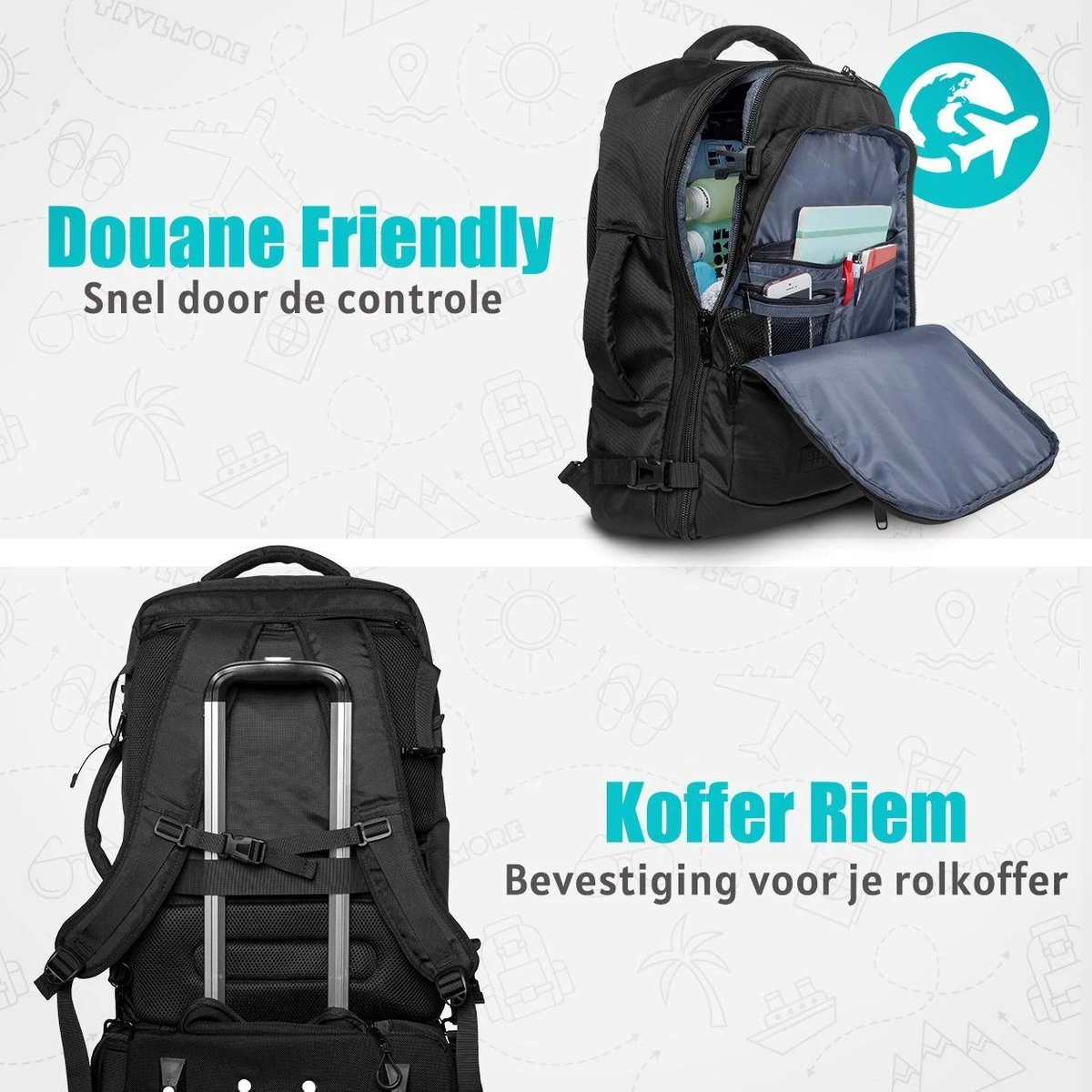 TRVLMORE Reistas - Rugzak - Handbagage Weekendtas - Backpack - Waterafstotend - 40L - Zwart 7 TRVLMORE Reistas - Rugzak - Handbagage Weekendtas - Backpack - Waterafstotend - 40L - Zwart - Afbeelding 5