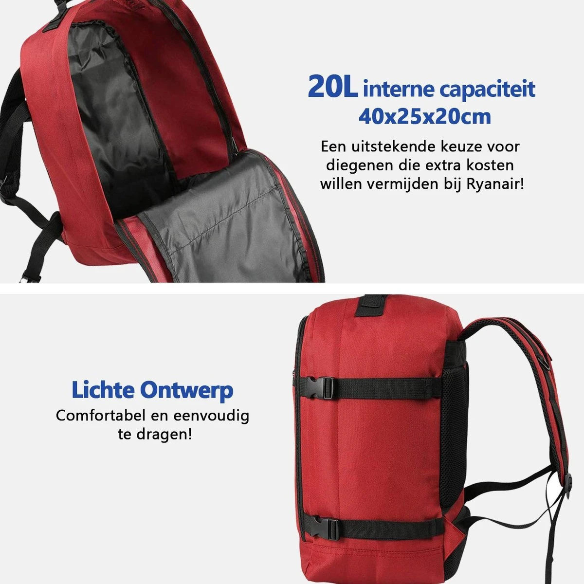 CabinMax Metz Reistas – Handbagage 20L – Rugzak – Schooltas - 40x25x20 Cm – Compact Backpack – Lichtgewicht – Oxide Rood 4 CabinMax Metz Reistas – Handbagage 20L – Rugzak – Schooltas - 40x25x20 Cm – Compact Backpack – Lichtgewicht – Oxide Rood - Afbeelding 2