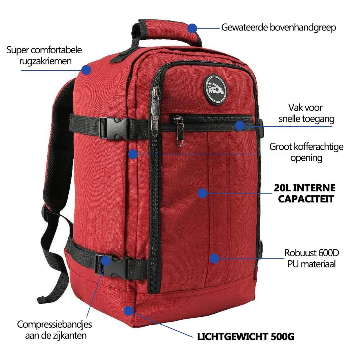 CabinMax Metz Reistas – Handbagage 20L – Rugzak – Schooltas - 40x25x20 Cm – Compact Backpack – Lichtgewicht – Oxide Rood 16 CabinMax Metz Reistas – Handbagage 20L – Rugzak – Schooltas - 40x25x20 Cm – Compact Backpack – Lichtgewicht – Oxide Rood - Afbeelding 14