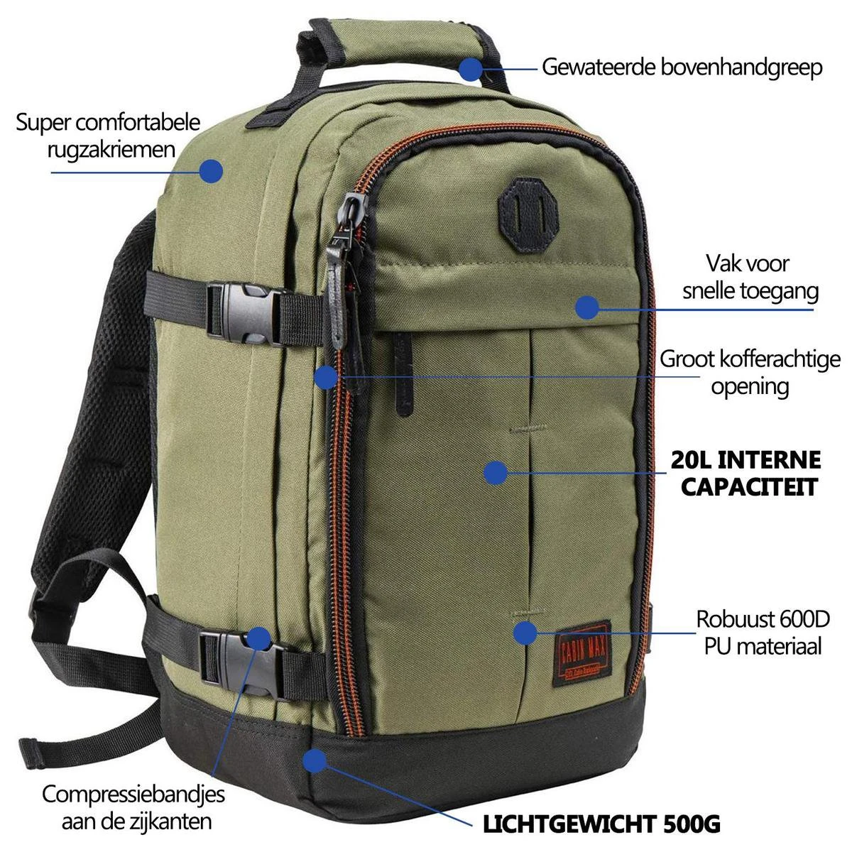 CabinMax Metz Reistas – Handbagage 20L – Rugzak – Schooltas - 40x25x20 Cm – Compact Backpack – Lichtgewicht – Khaki 6 CabinMax Metz Reistas – Handbagage 20L – Rugzak – Schooltas - 40x25x20 Cm – Compact Backpack – Lichtgewicht – Khaki - Afbeelding 4