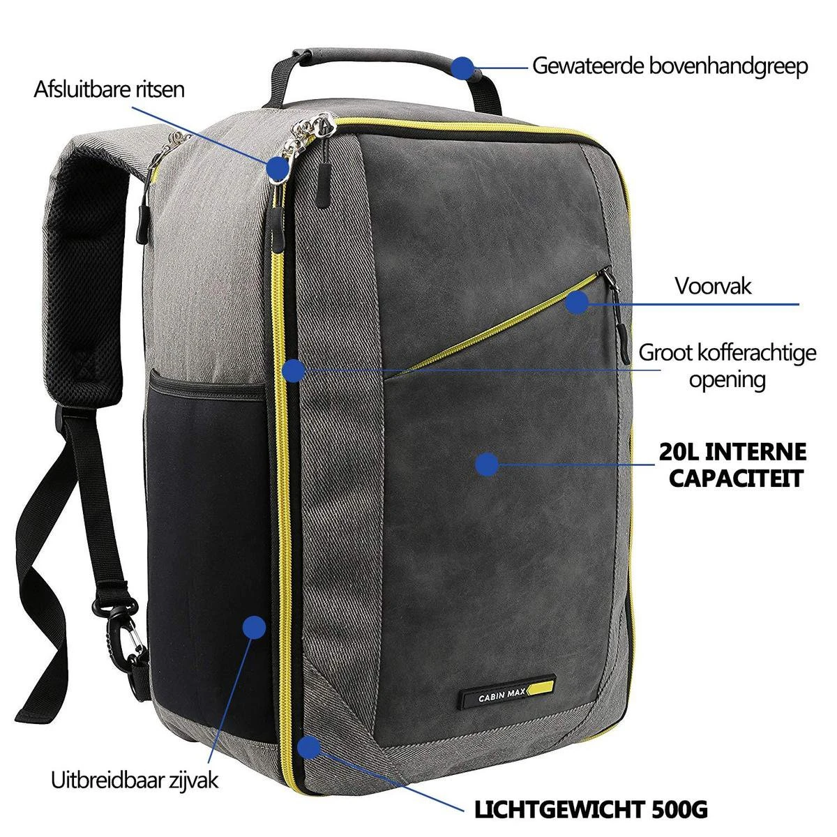 CabinMax Manhatten – Handbagage 20L – Rugzak – Schooltas - 40x20x25 Cm – Compact Reistas – Lichtgewicht – Grijs/Geel 8 CabinMax Manhatten – Handbagage 20L – Rugzak – Schooltas - 40x20x25 Cm – Compact Reistas – Lichtgewicht – Grijs/Geel - Afbeelding 6