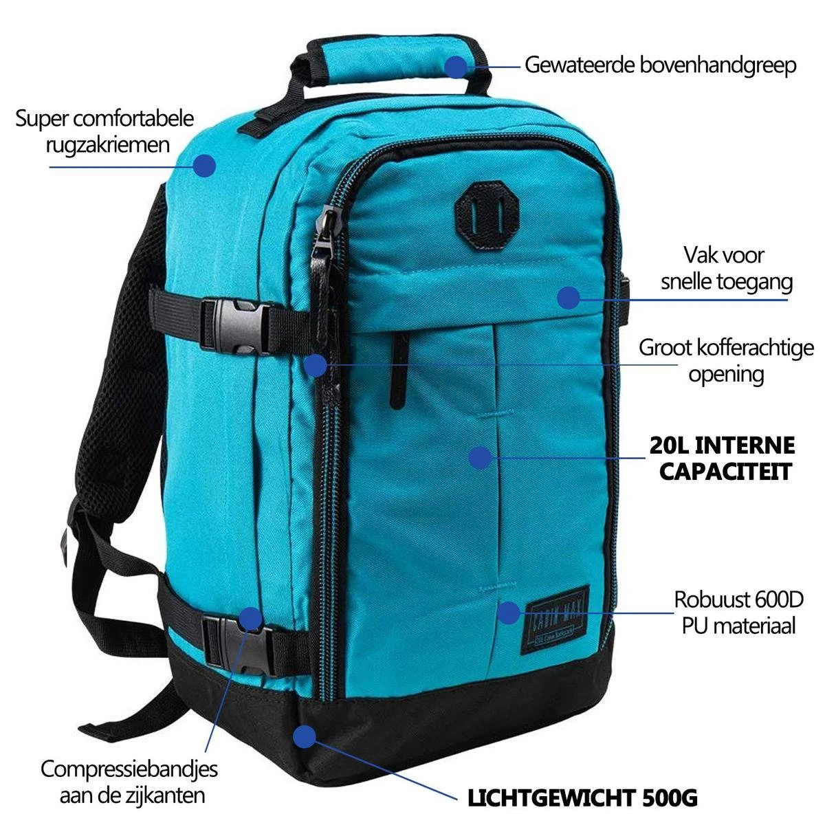CabinMax Metz Reistas – Handbagage 20L – Rugzak – Schooltas - 40x25x20 Cm – Compact Backpack – Lichtgewicht – Teal 15 CabinMax Metz Reistas – Handbagage 20L – Rugzak – Schooltas - 40x25x20 Cm – Compact Backpack – Lichtgewicht – Teal - Afbeelding 13