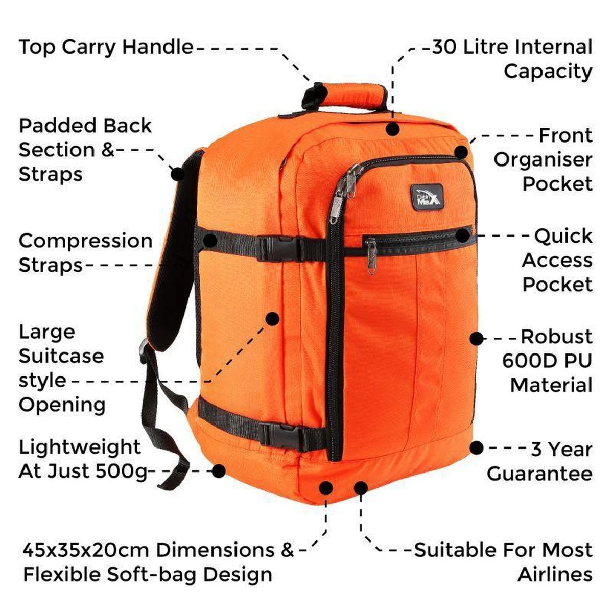 CabinMax Metz Reistas– Handbagage 30L - Rugzak – Backpack - 45x35x20cm – Lichtgewicht - Oranje (MZ 300) 4 CabinMax Metz Reistas– Handbagage 30L - Rugzak – Backpack - 45x35x20cm – Lichtgewicht - Oranje (MZ 300) - Afbeelding 2