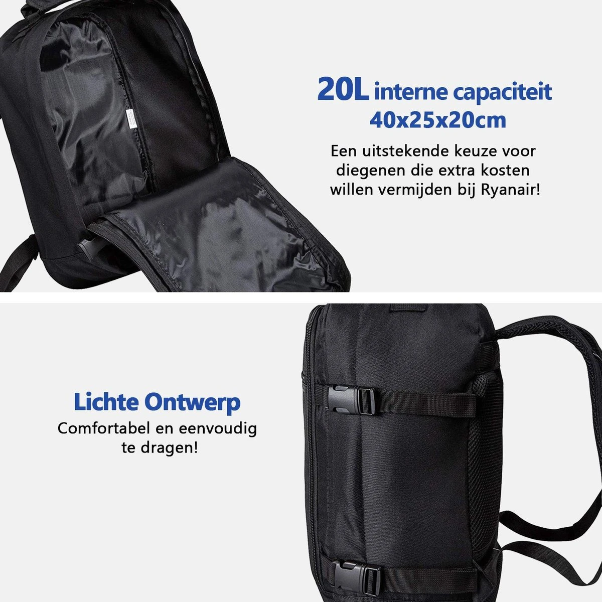 CabinMax Metz Reistas – Handbagage 20L – Rugzak – Schooltas - 40x25x20 Cm – Compact Backpack – Lichtgewicht – Zwart 18 CabinMax Metz Reistas – Handbagage 20L – Rugzak – Schooltas - 40x25x20 Cm – Compact Backpack – Lichtgewicht – Zwart - Afbeelding 16