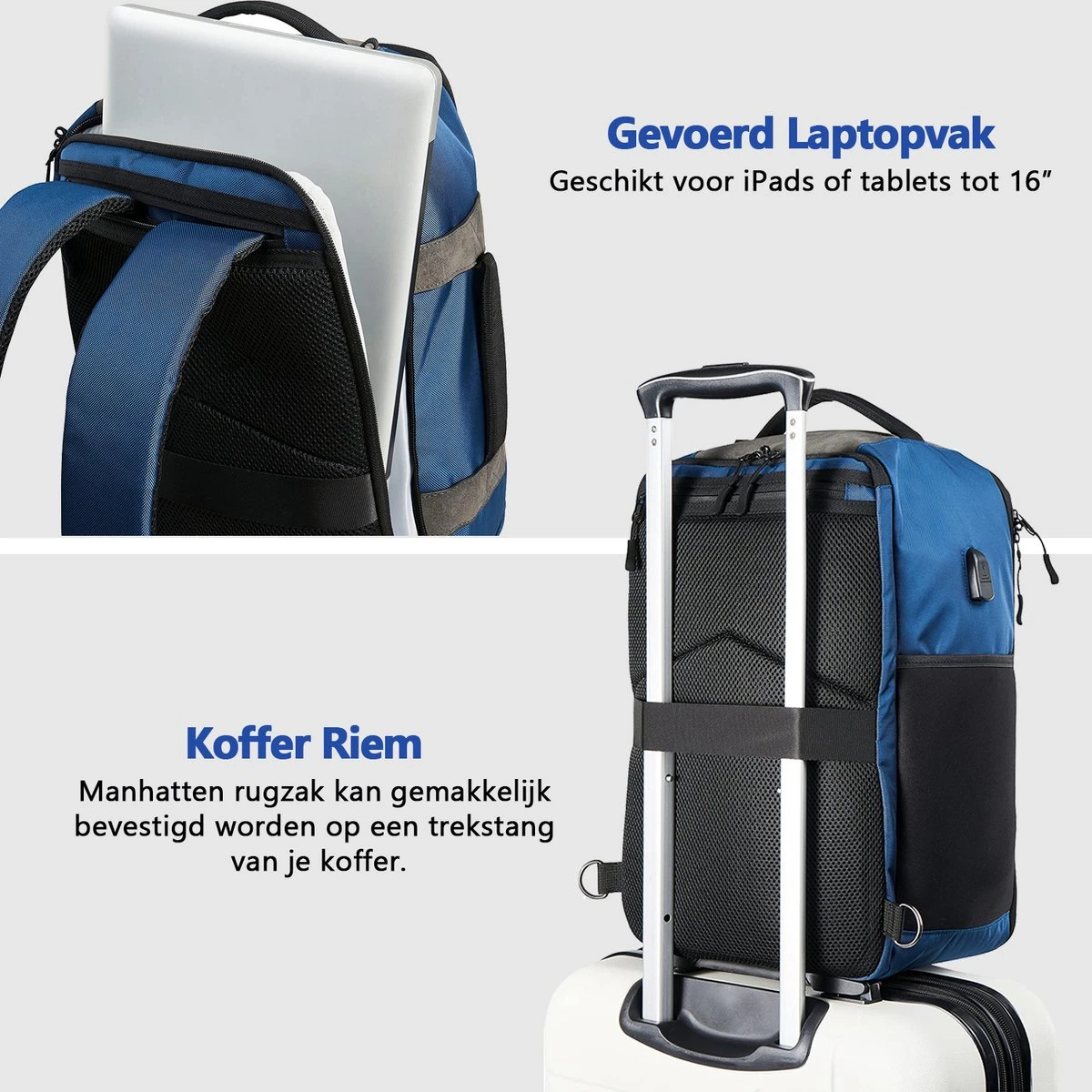 CabinMax Manhatten – Handbagage 20L – Rugzak – Schooltas - 40x20x25 Cm – Compact Reistas – Lichtgewicht – Nettuno Blauw 8 CabinMax Manhatten – Handbagage 20L – Rugzak – Schooltas - 40x20x25 Cm – Compact Reistas – Lichtgewicht – Nettuno Blauw - Afbeelding 6