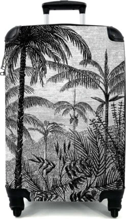 NoBoringSuitcases.com® Koffer - Jungle - Palmboom - Vintage - Zwart Wit - Past Binnen 55x40x20 Cm En 55x35x25 Cm - Handbagage - Trolley - Fotokoffer - Cabin Size - Print -Bagage Kortingen Winkel 691x1200 1